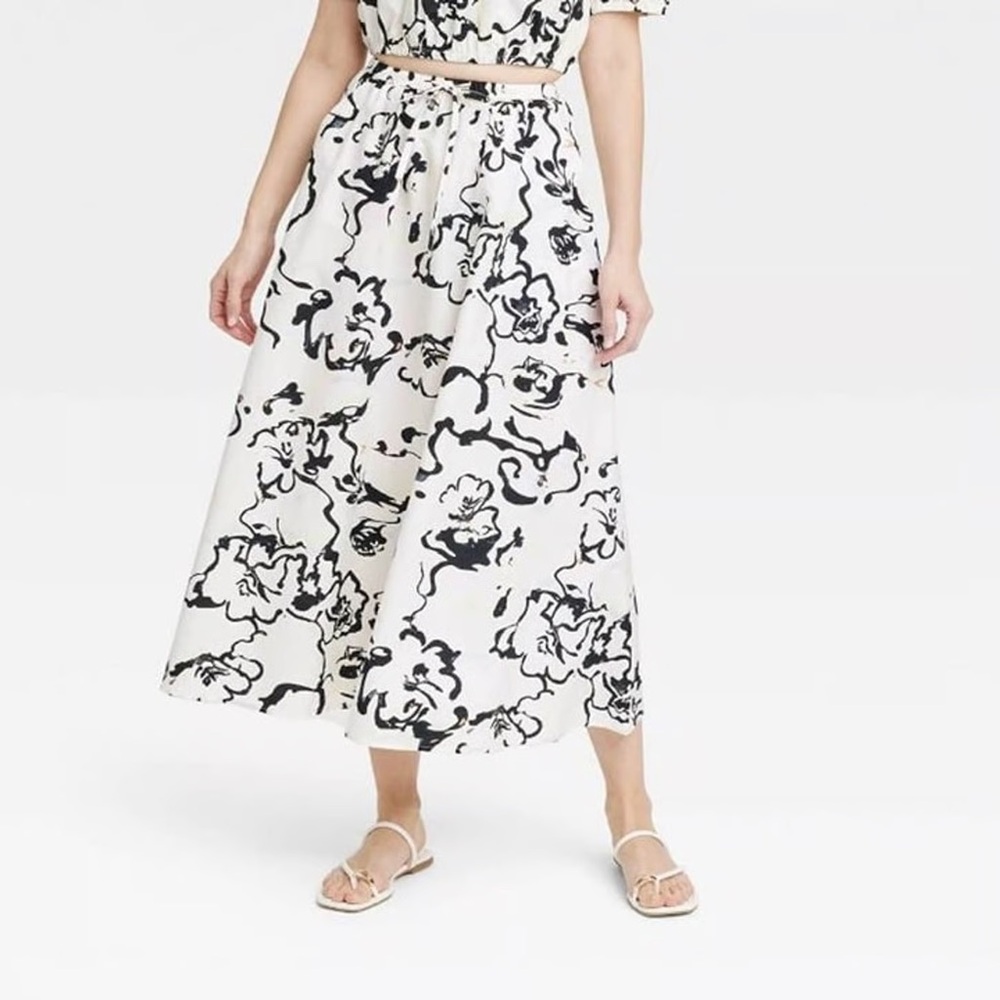 A New Day Black and White Midi A-Line Skirt Tie Front